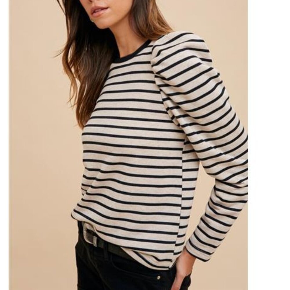 NEW Annie Wear Striped Round Neck Puff Sleeve French Terry Top, Long Sleeve Top - Picture 2 of 4